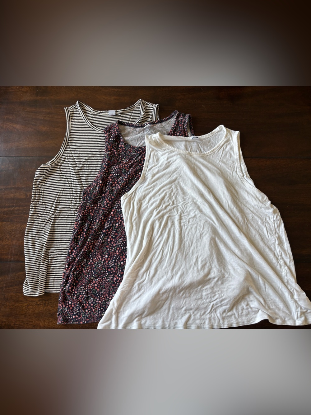 Old Navy 3-Pack Tank Tops — White, Black/White Stripe, Floral